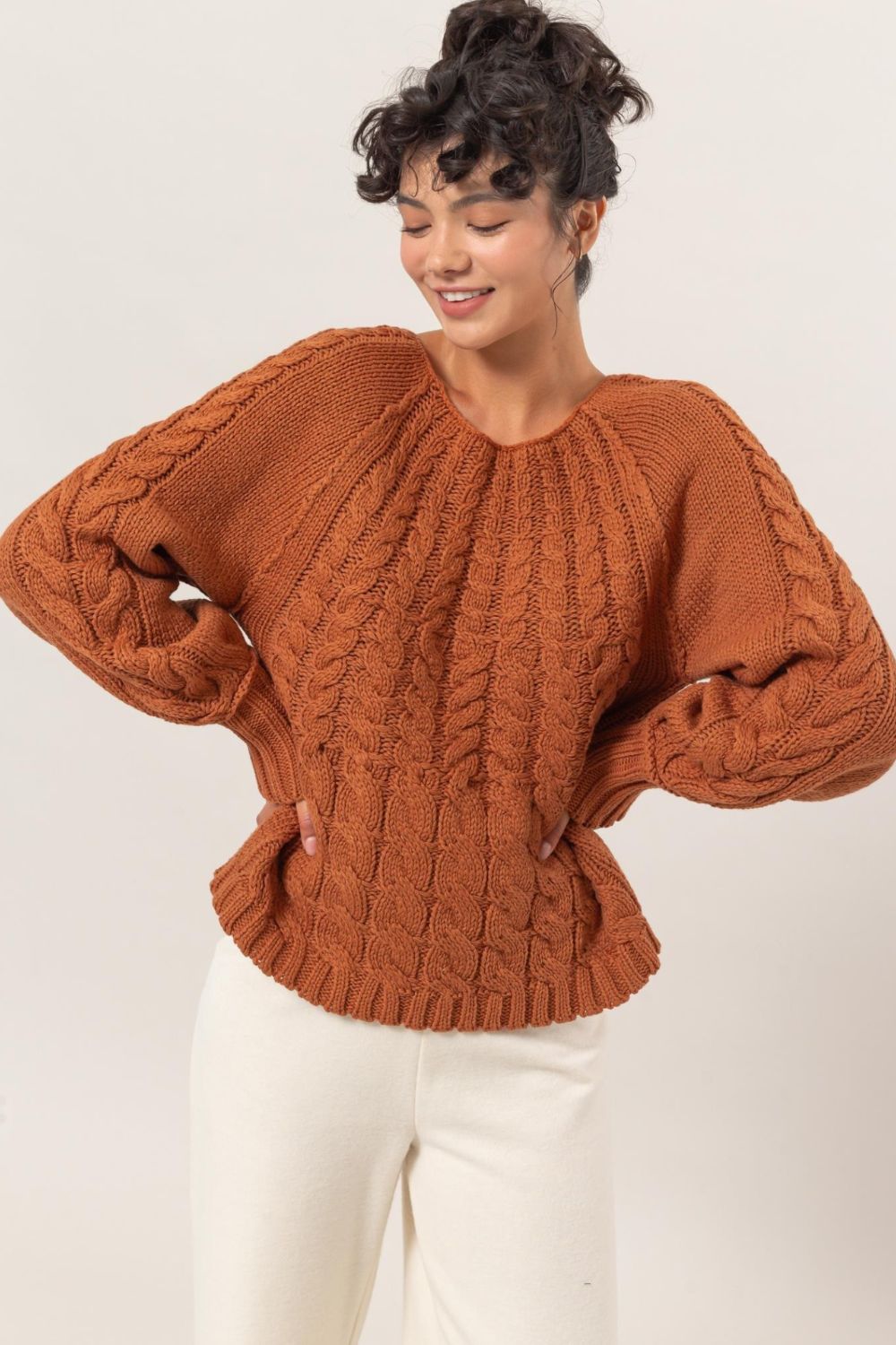 Rust Hyfve Cable Knit Round Neck Raglan Sleeve Sweater