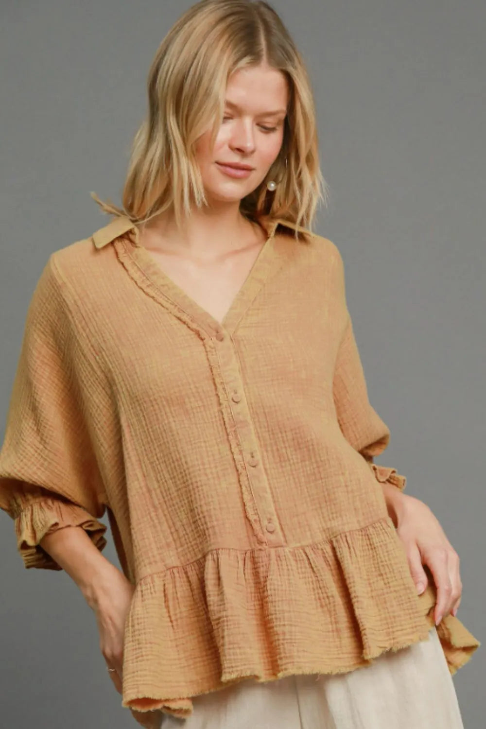 Latte Umgee Full Size Mineral Washed Cotton Gauze Top Plus Size