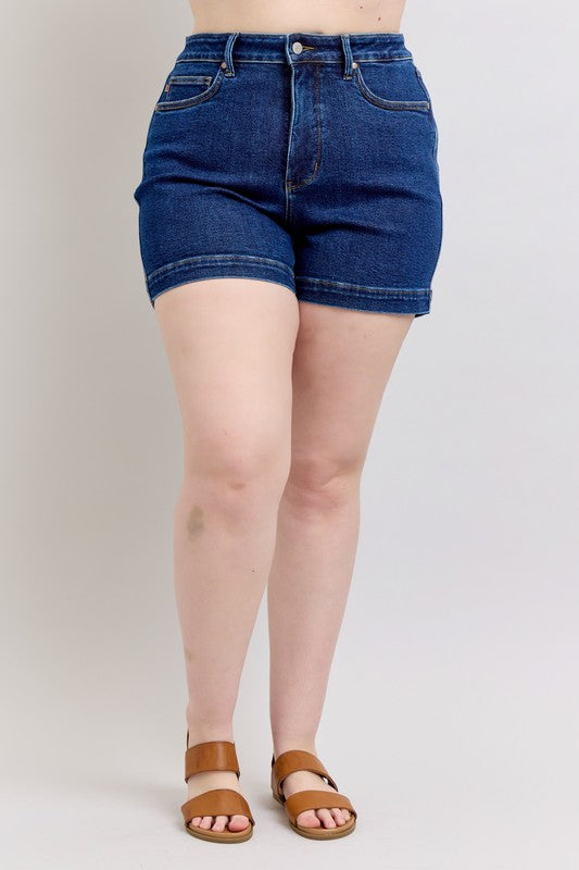 Dark Judy Blue Plus Size High Waist Tummy Control Denim Shorts
