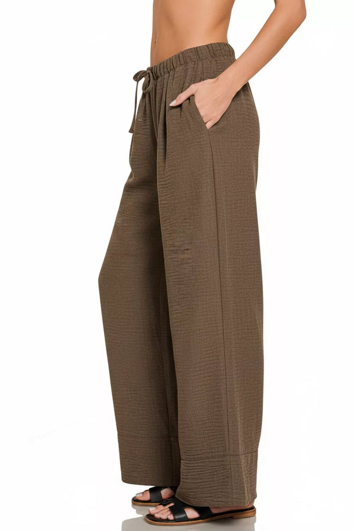 Dk Brown Zenana Woven Airflow Drawstring Pants 3