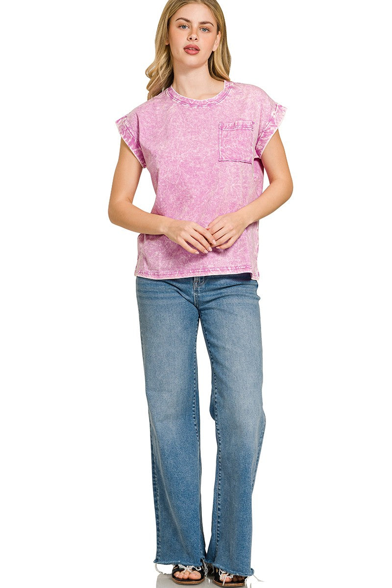 Bright Mauve Zenana Full Size Crinkle Washed Round Neck Folded Short Sleeve Tee Plus Size 5