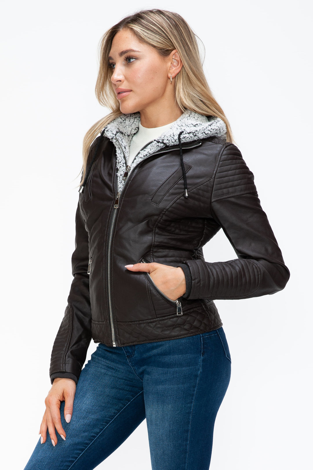 Ymi Faux Layered Double Zipper Jacket With Fuzzy Hood