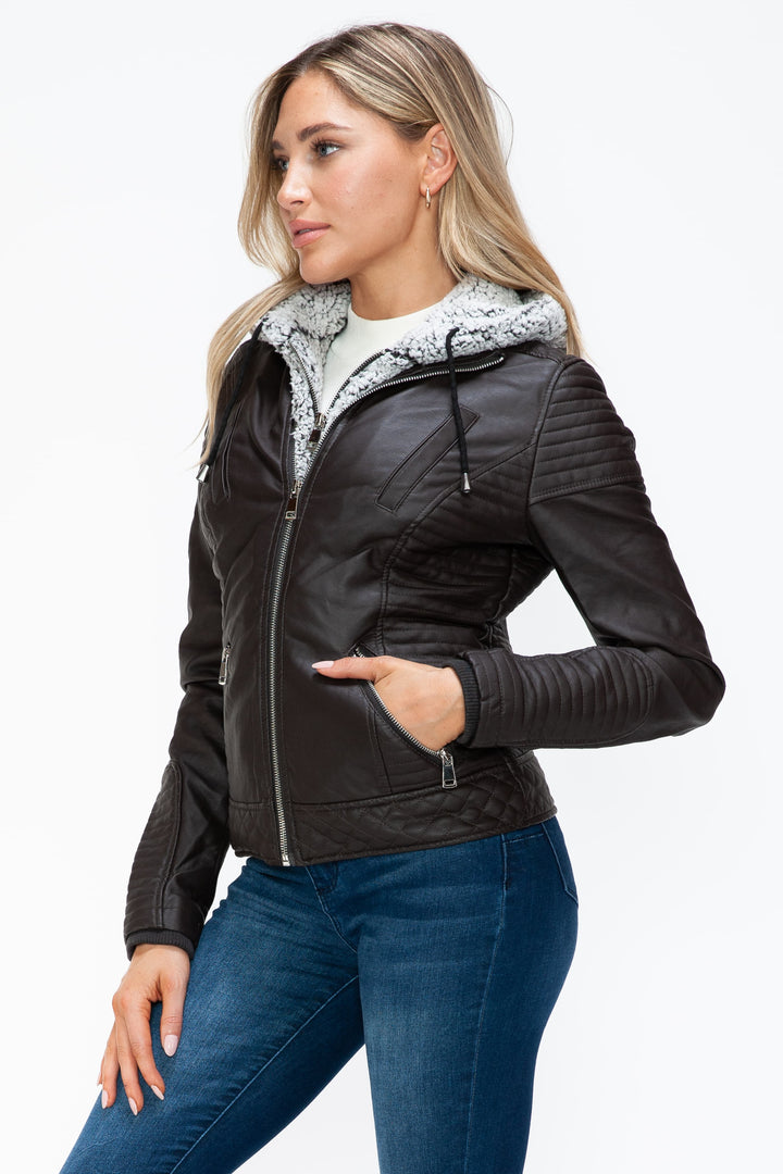 Ymi Faux Layered Double Zipper Jacket With Fuzzy Hood