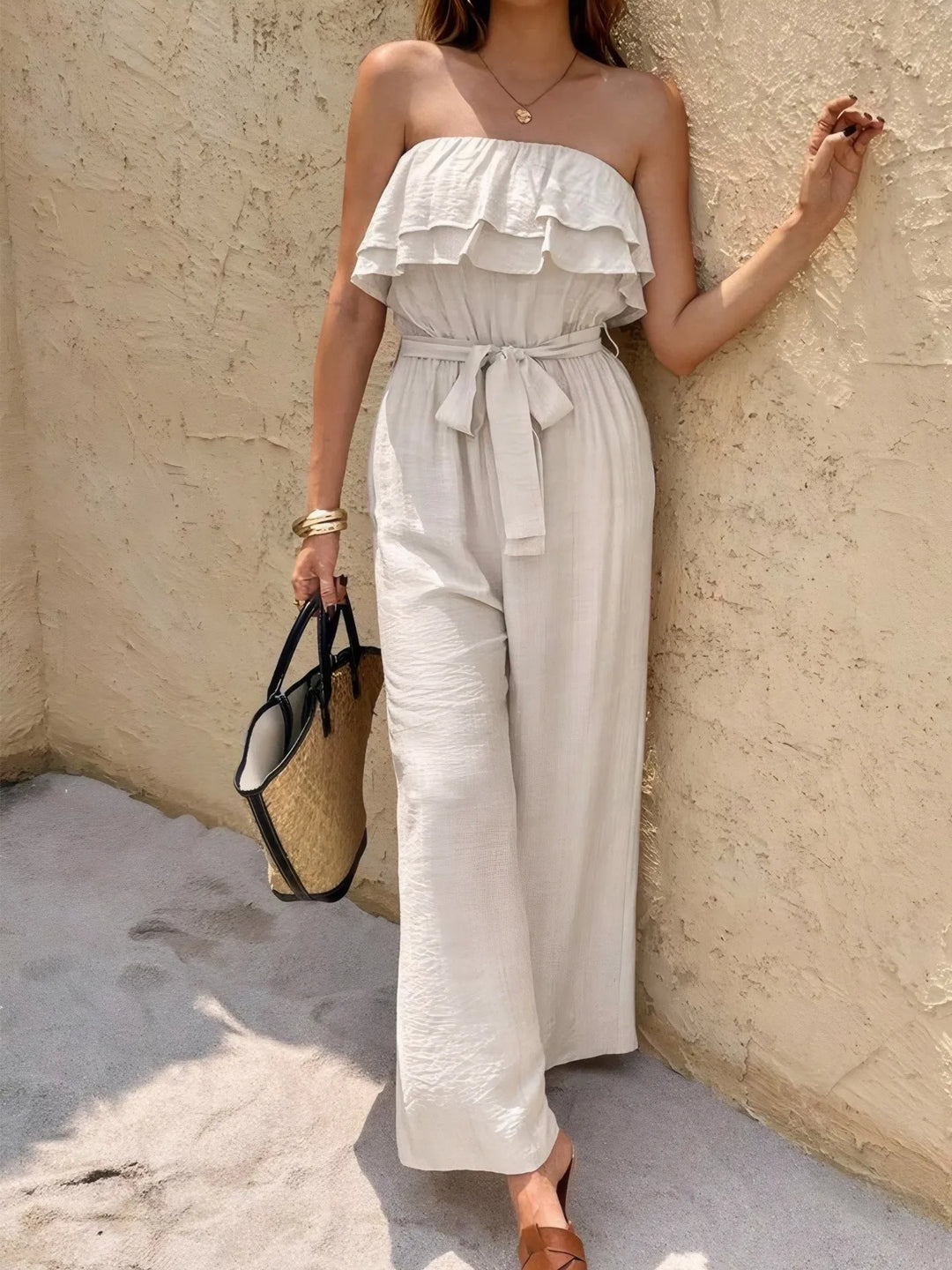 White Off Shoulder Ruffled Wide Leg Jumpsuit