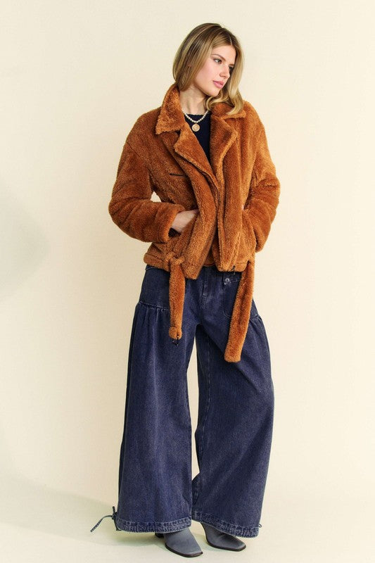 Davi Dani Fuzzy Zip Up Collared Neck Jacket