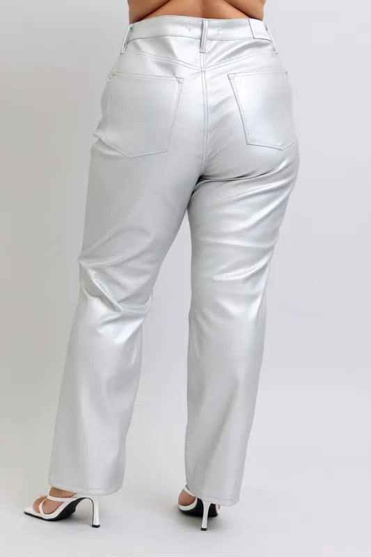 Metallic Silver Judy Blue Full Size High Waist Silver Faux Leather Pants Plus Size