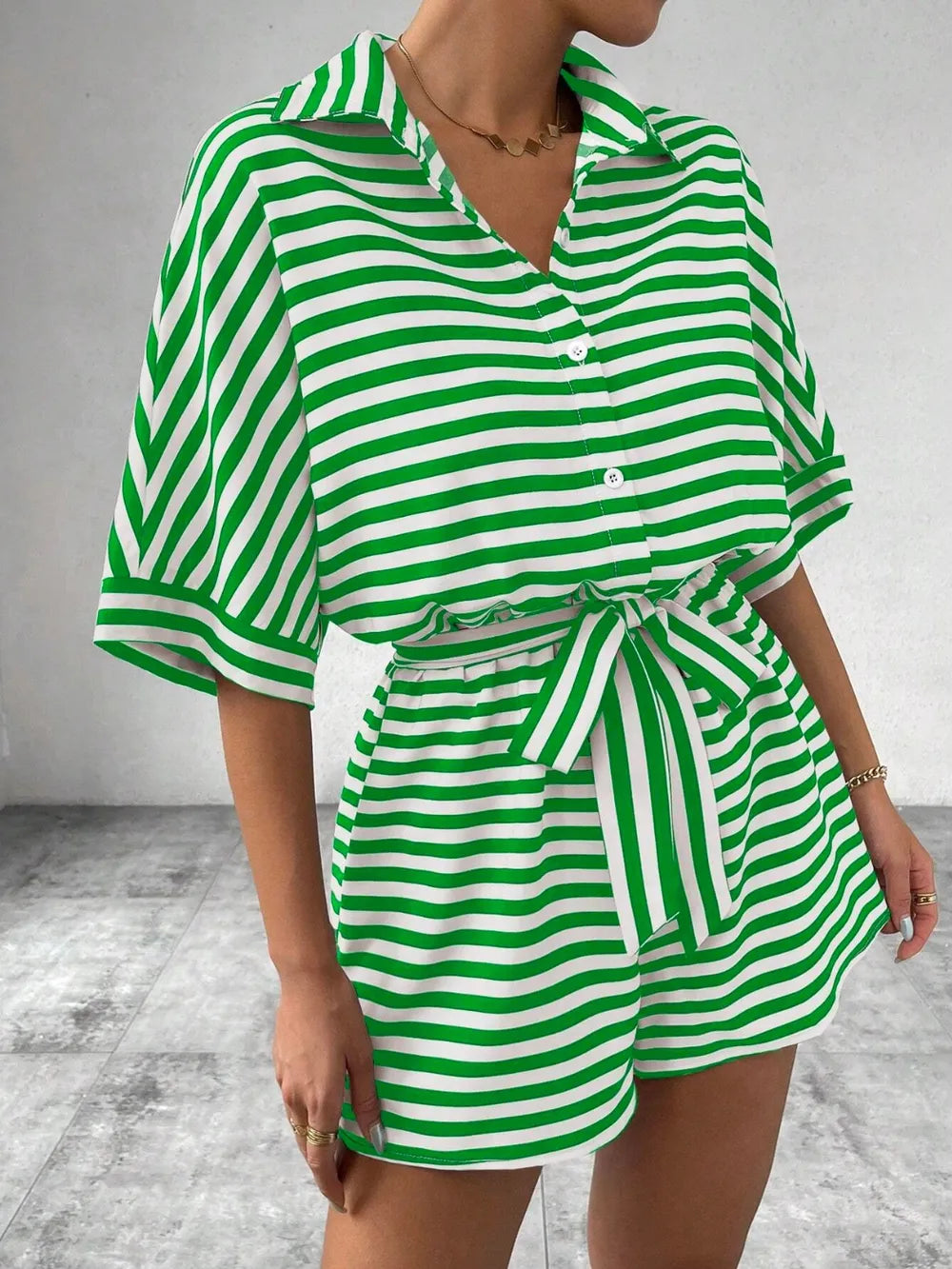 Green Tie Waist Half Button Striped Romper
