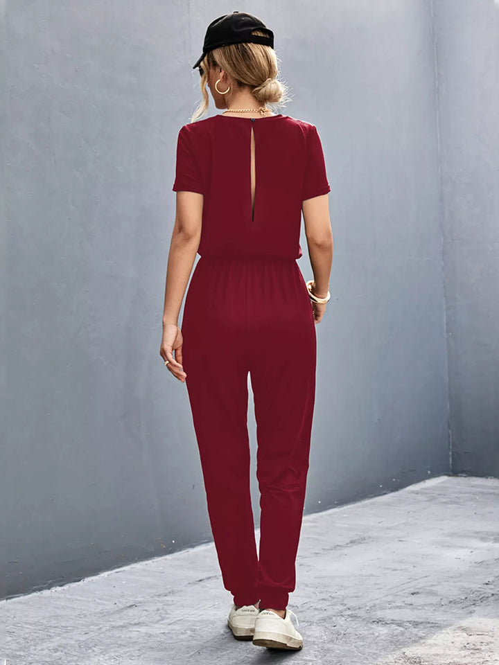 Burgundy Casual V Neck Short Sleeve Drawstring Waist Jumpsuit