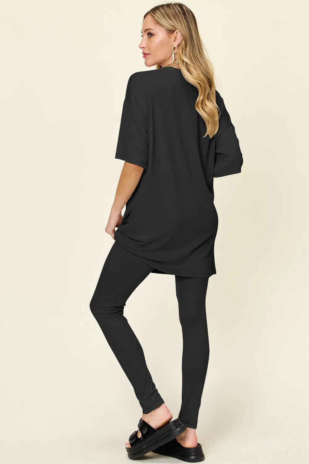 Black Double Take Full Size Round Neck Dropped Shoulder T Shirt And Leggings Set