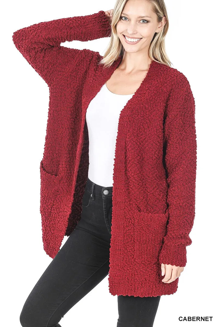 Cabernet Zenana Long Sleeve Popcorn Sweater Cardigan With Pockets 5