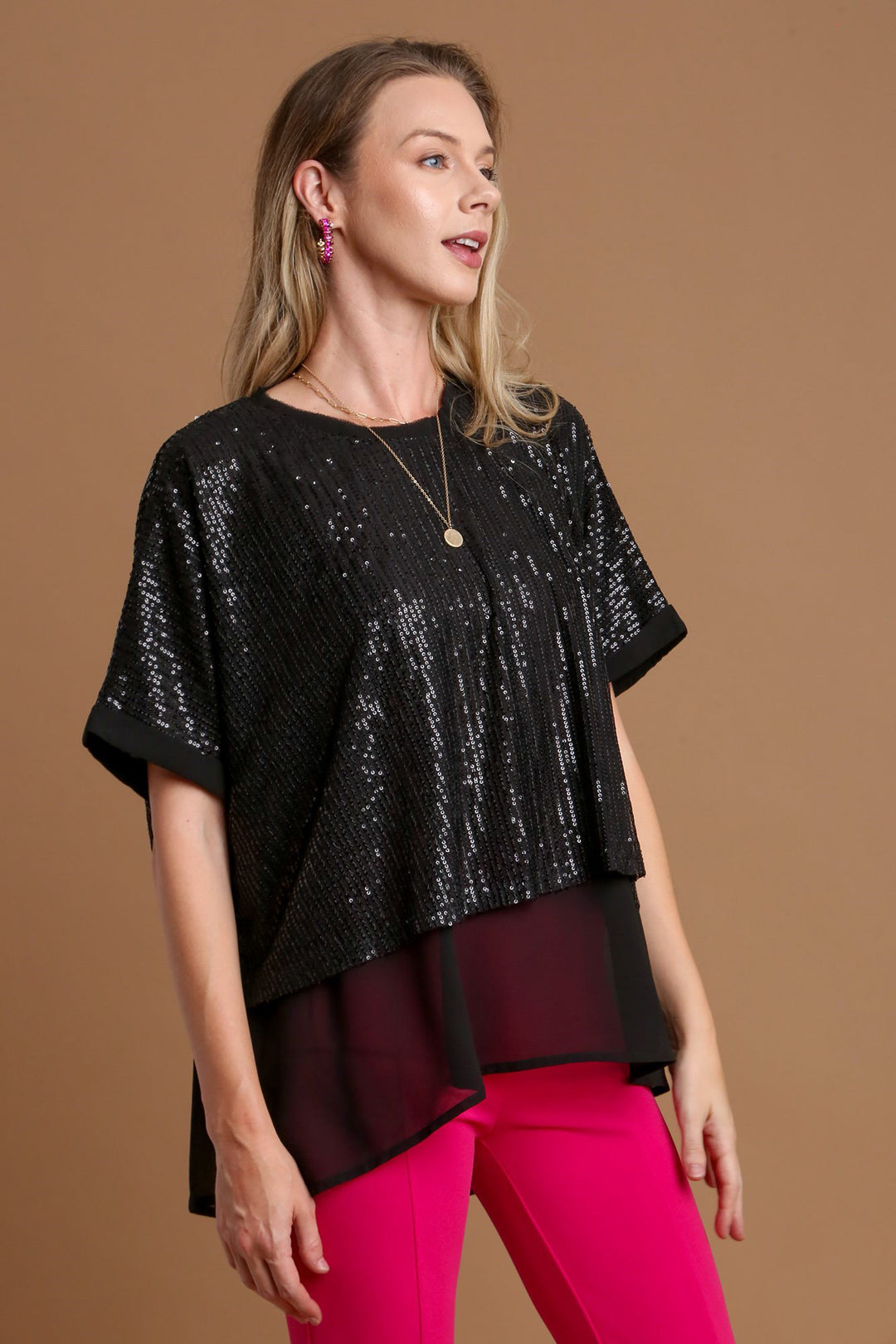 Black Umgee Sequin Half Sleeve Layered Blouse