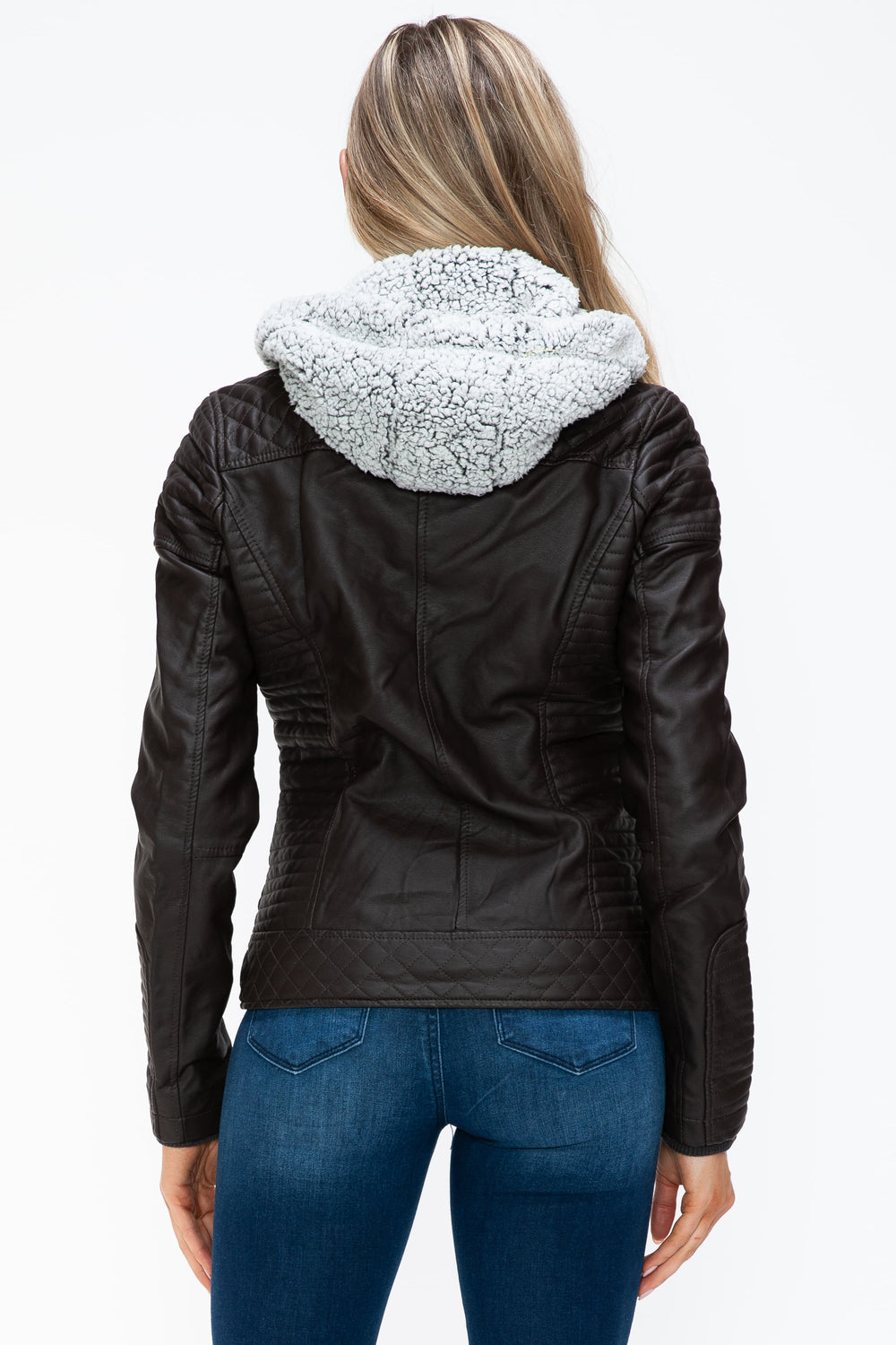 Chocolate Ymi Faux Layered Double Zipper Jacket With Fuzzy Hood