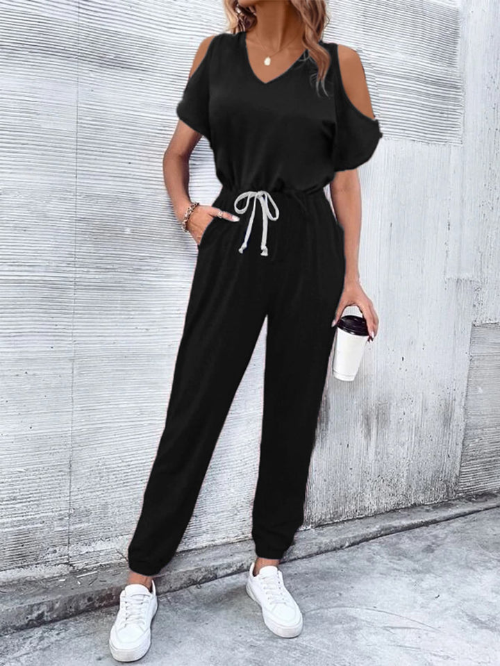V Neck Cold Shoulder Jumpsuit With Pockets