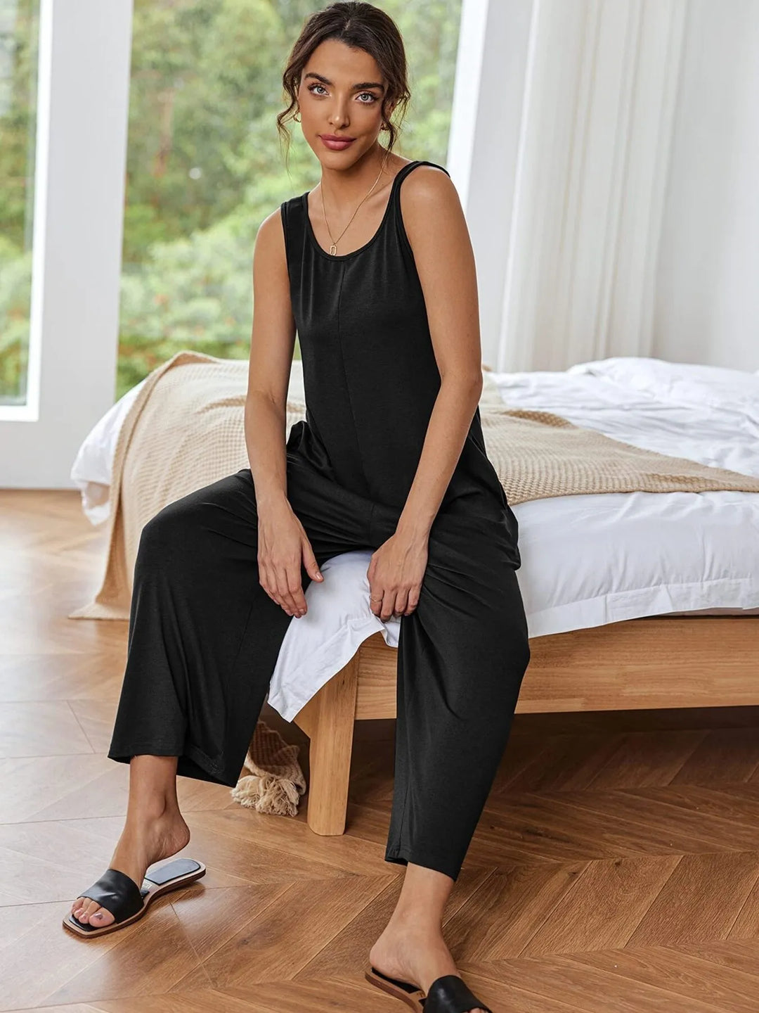 Black Sleeveless Wide Leg Casual Jumpsuit