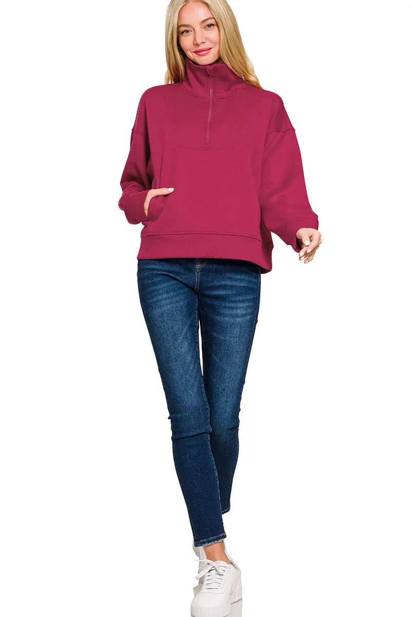 Zenana Scuba Half Zip Sweatshirt With Pockets