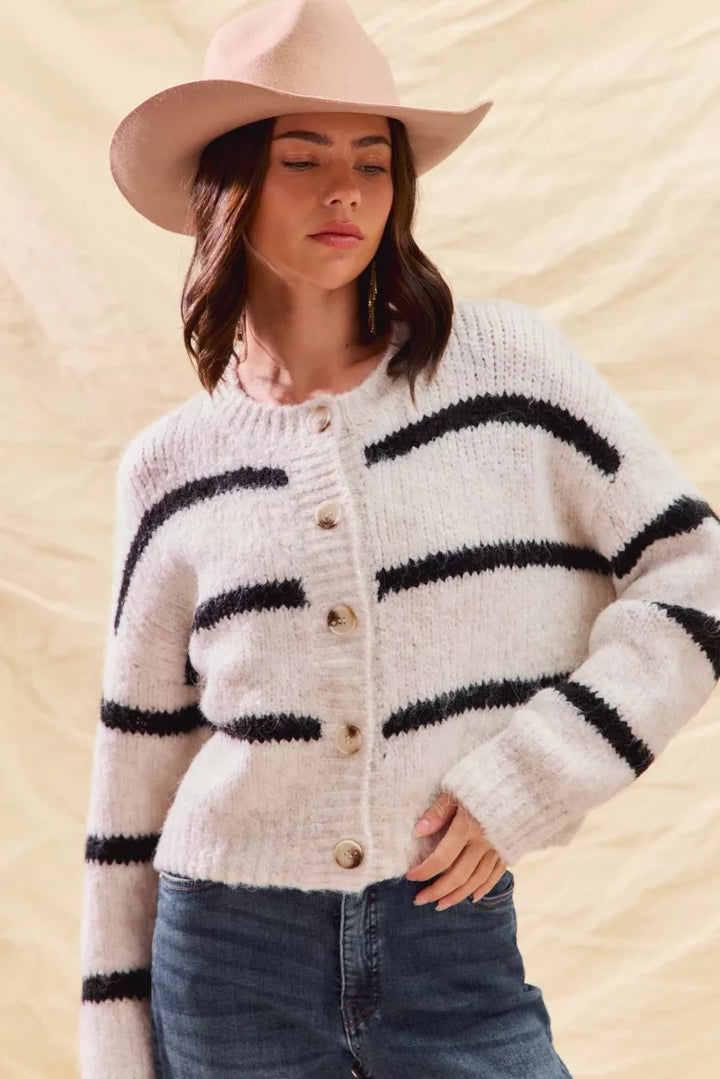 So Me Stripe Soft Touch Button Cozy Sweater Cardigan