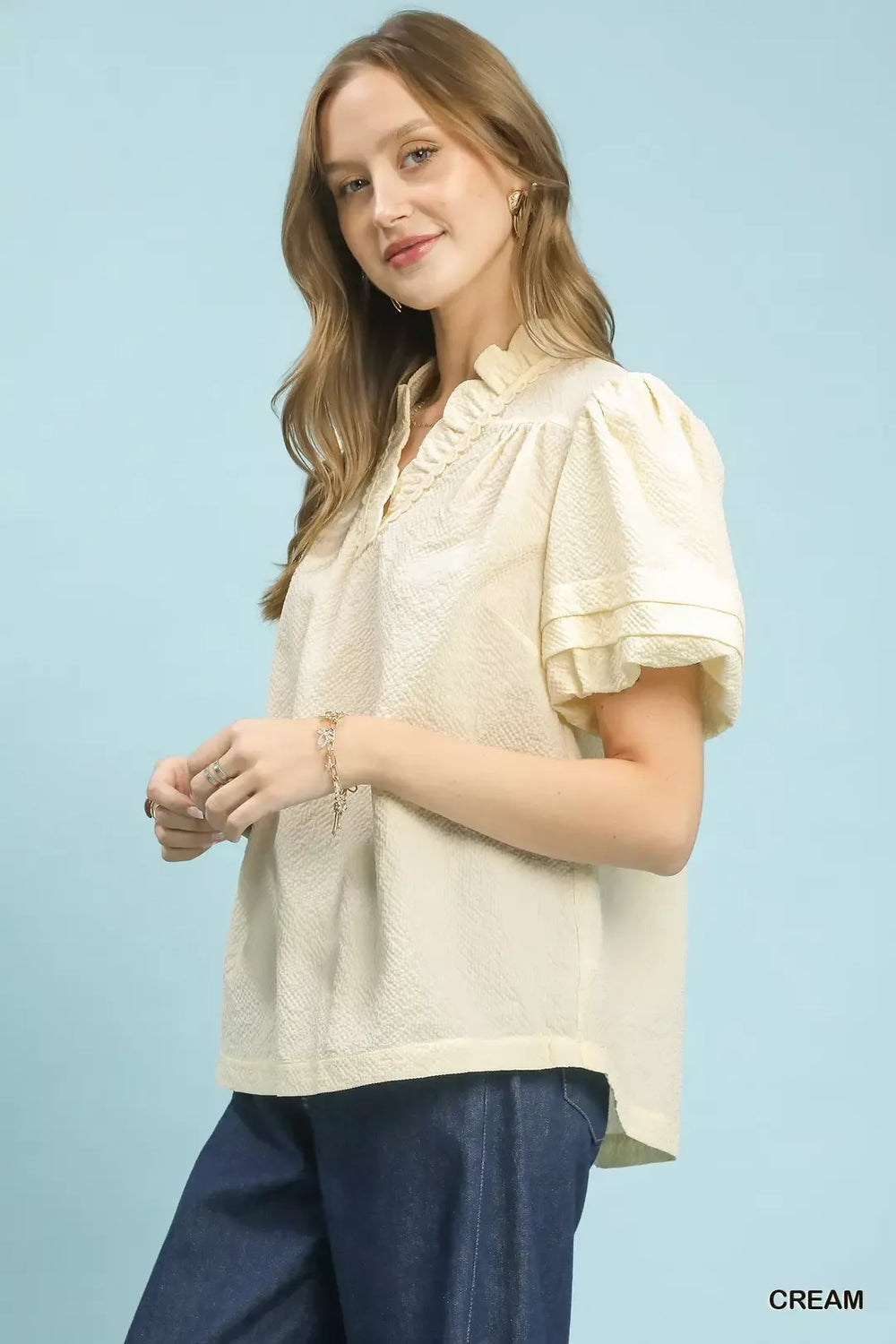 Cream Umgee Textured Scallop Trim Puff Sleeve Blouse