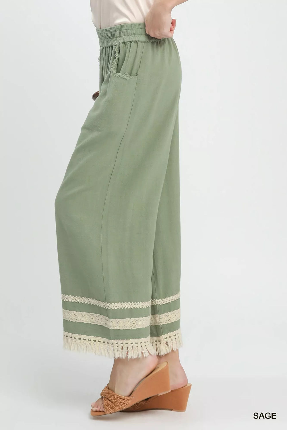 Sage Umgee Lace Trim Fringe Hem Wide Leg Pants