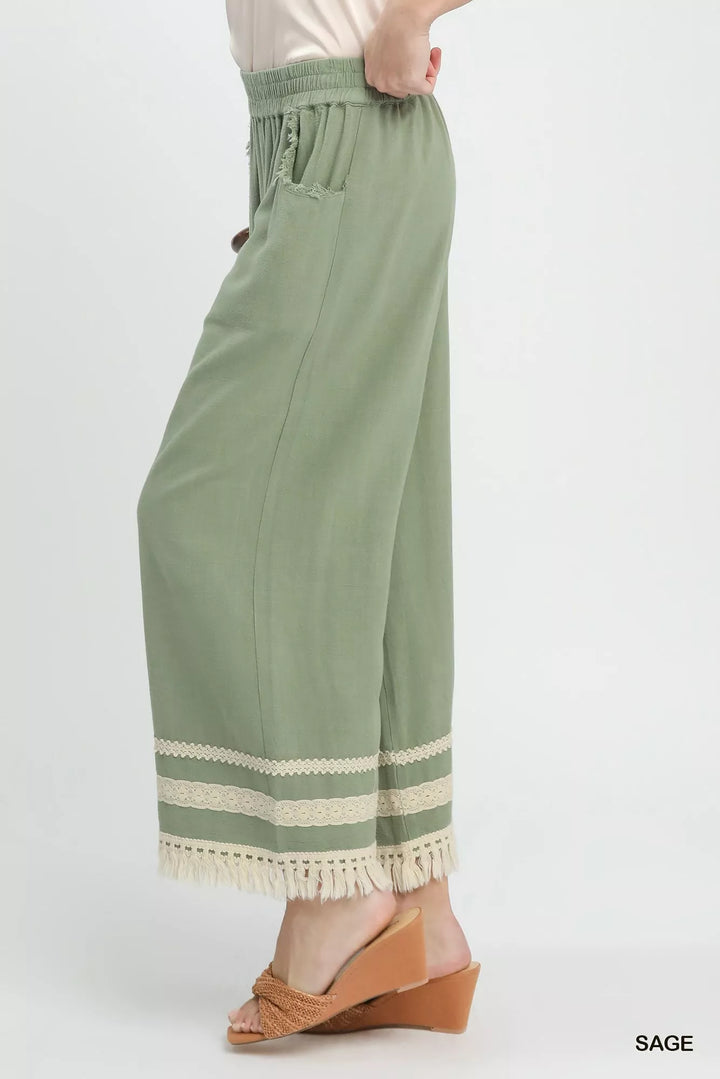 Sage Umgee Lace Trim Fringe Hem Wide Leg Pants