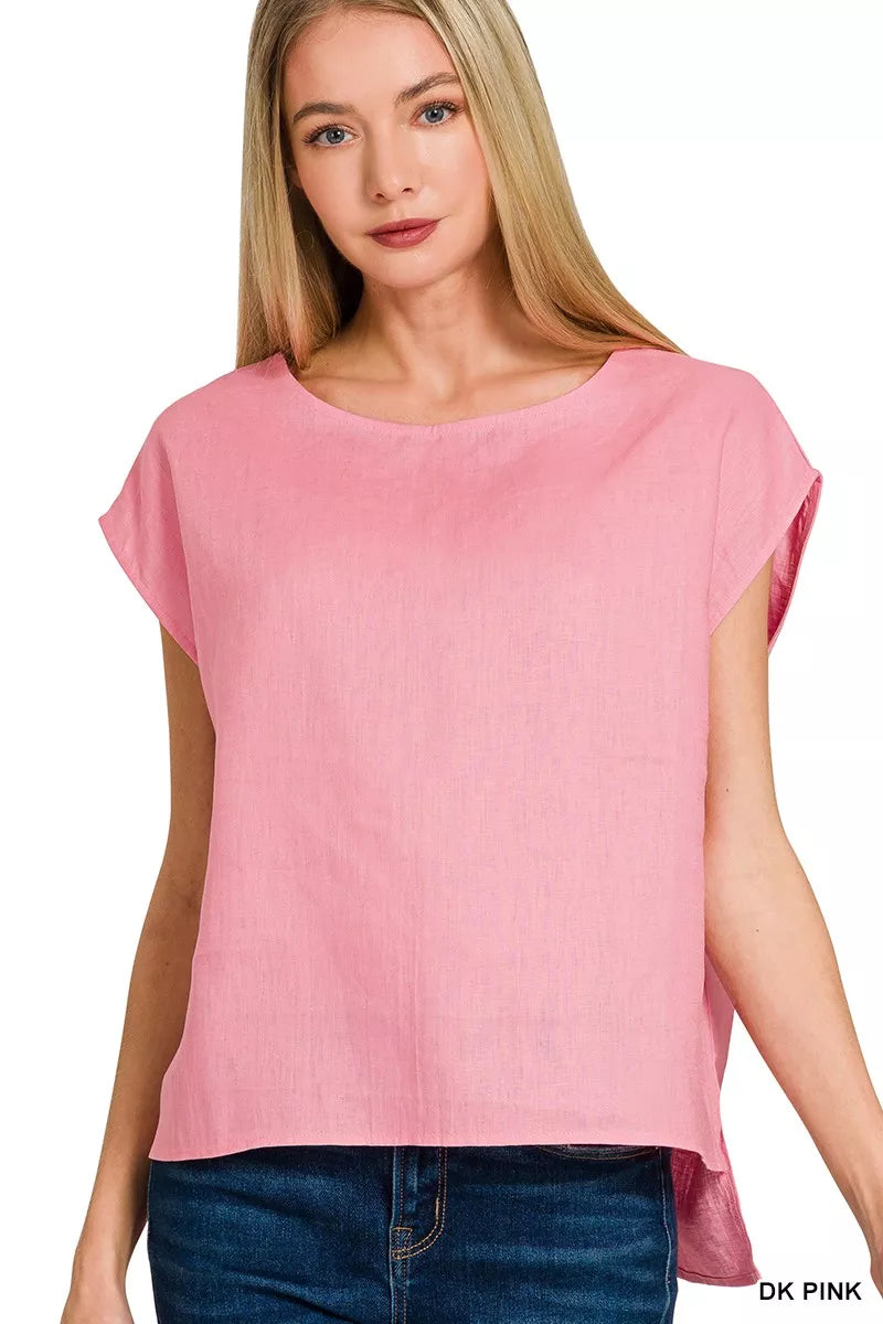 Dk Pink Zenana Linen Round Neck Cap Sleeve Top