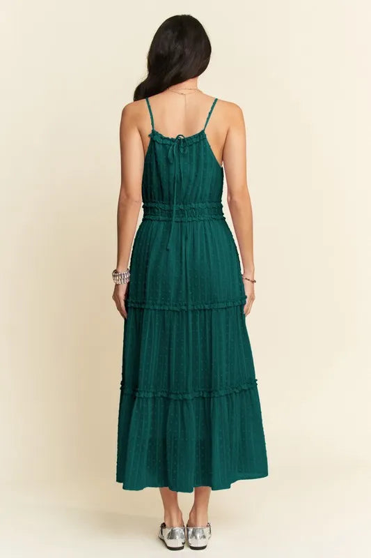 Forest Green Davi Dani Texture Swiss Dot Ruffle Square Neck Midi Dress