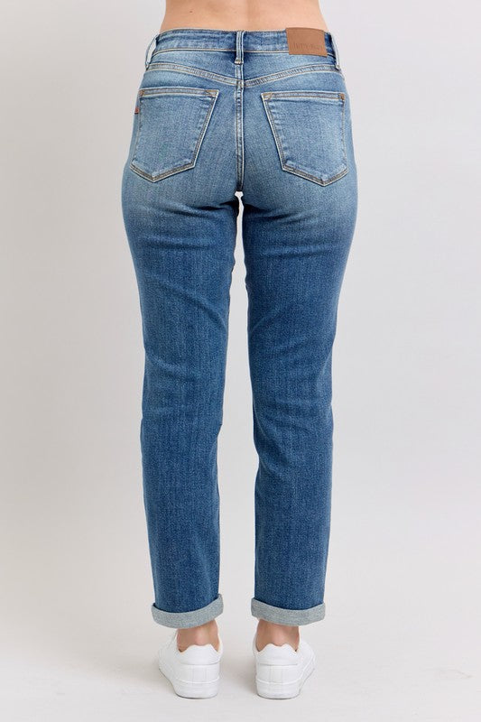 Dark Judy Blue Full Size Mid Rise Skinny Cuff Jeans With Pockets Plus Size