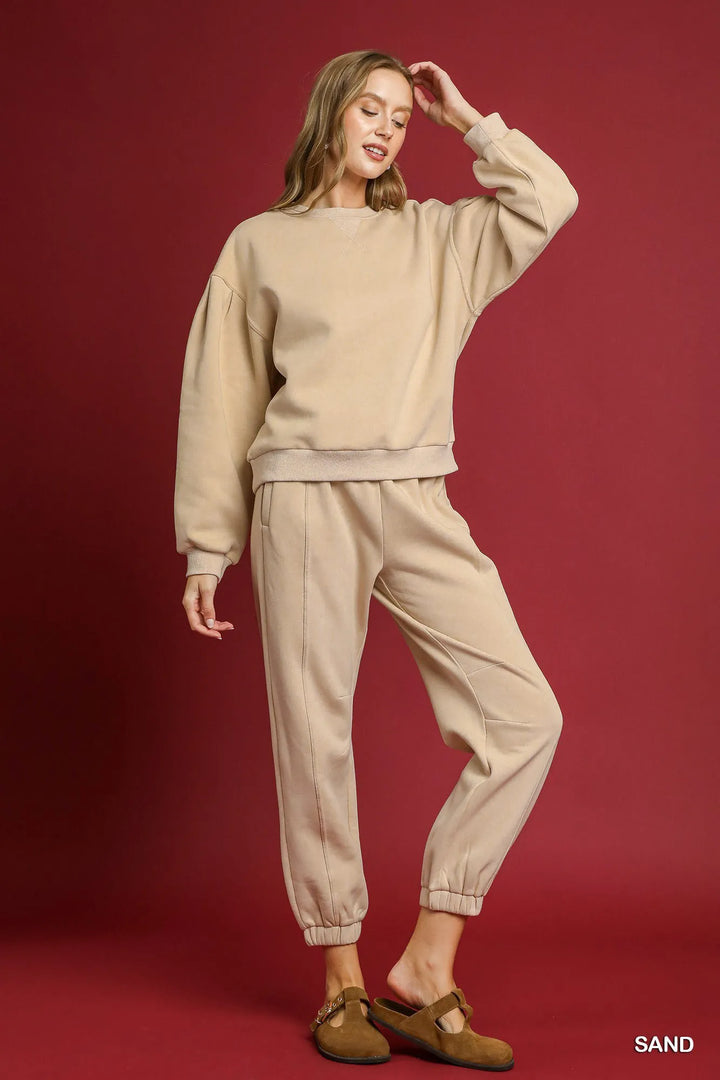 Sand Umgee Fleece Jogger Pants With Drawstring 2