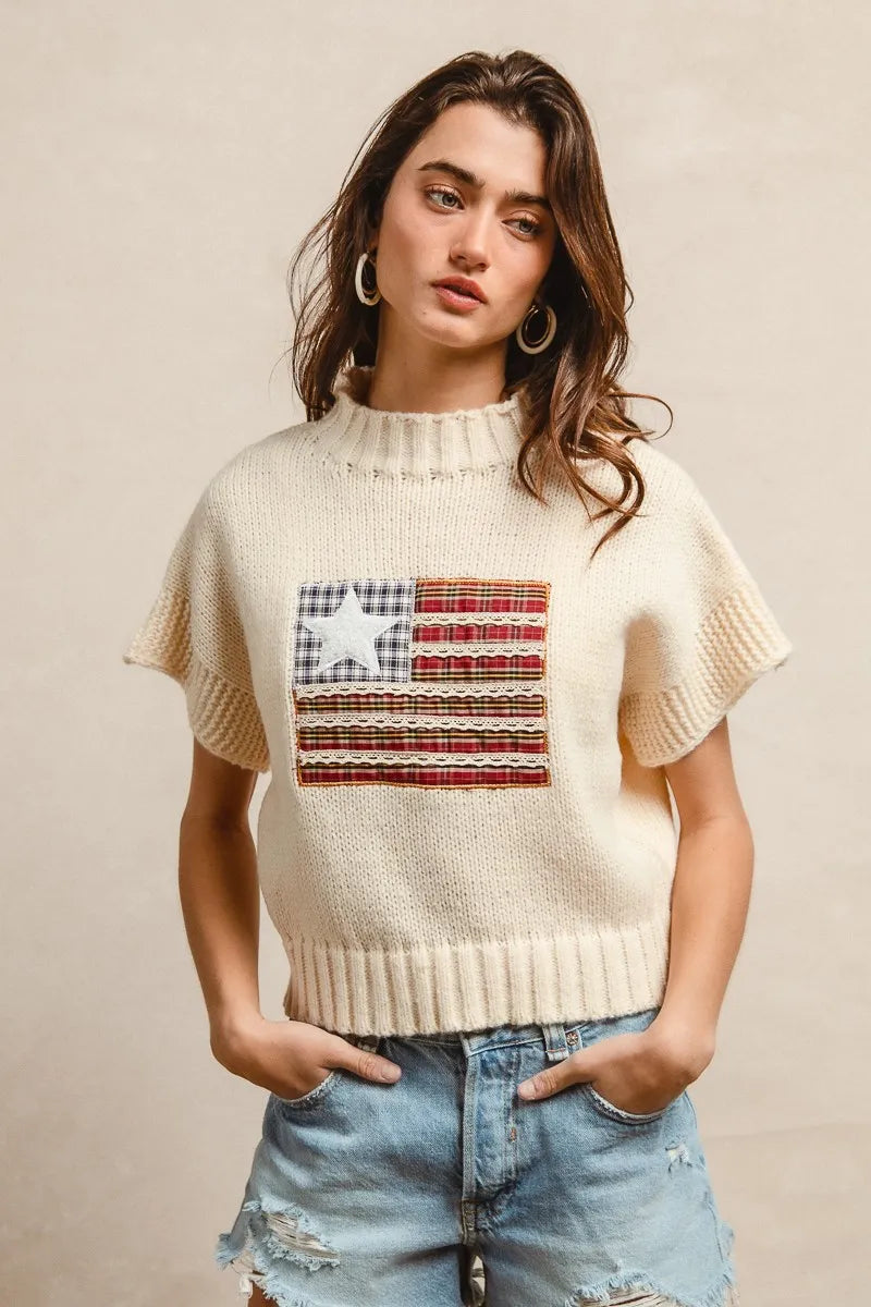 Bibi American Flag Patchwork Drop Shoulder Sweater
