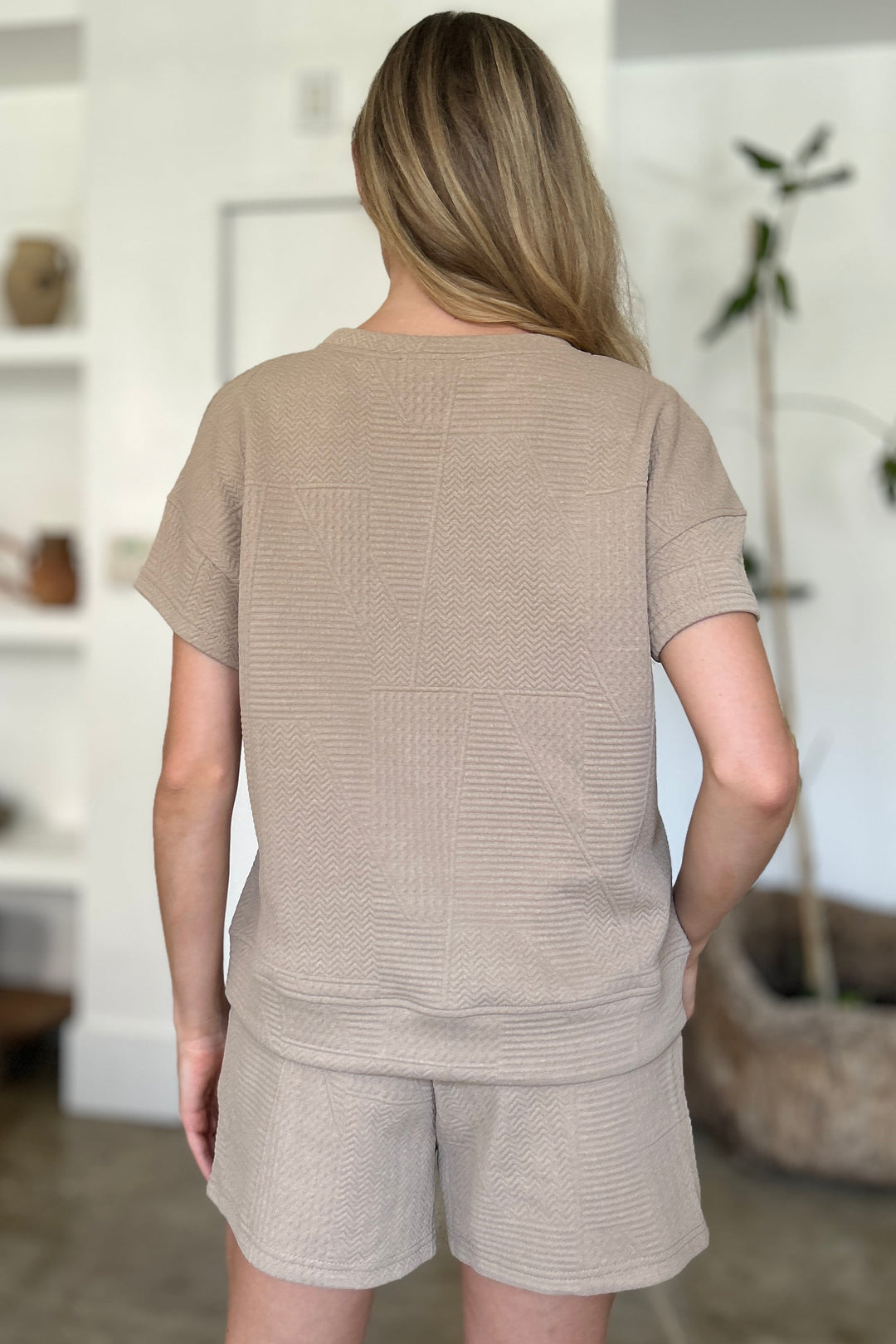 Khaki Double Take Full Size Texture Short Sleeve Top And Shorts Set