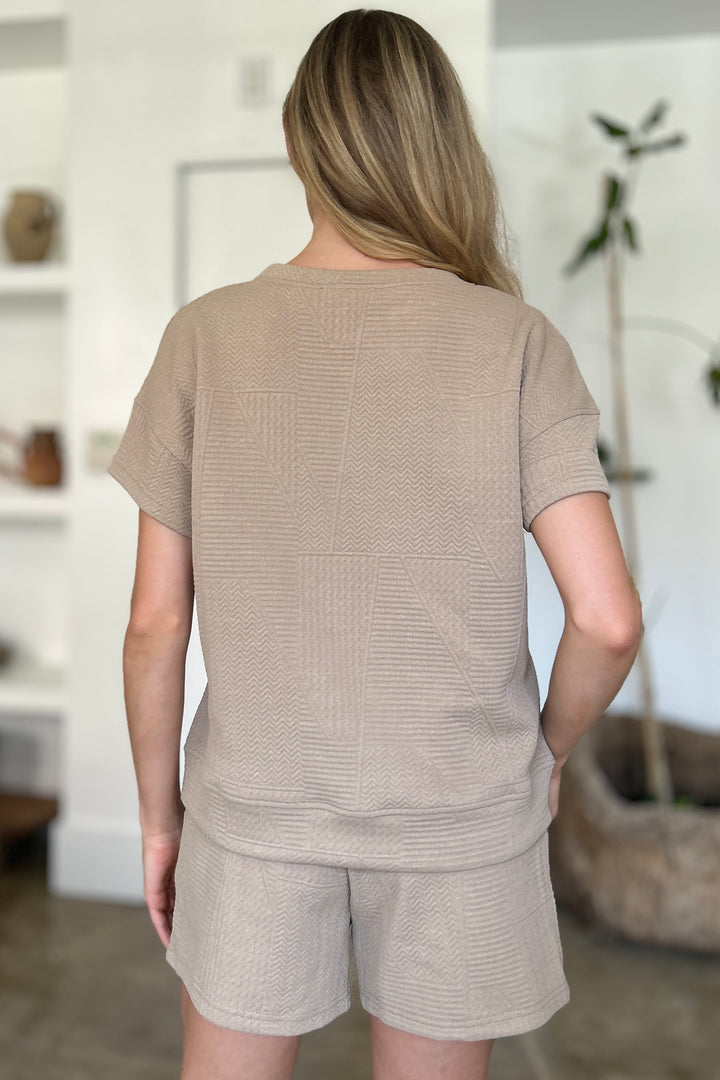 Khaki Double Take Full Size Texture Short Sleeve Top And Shorts Set