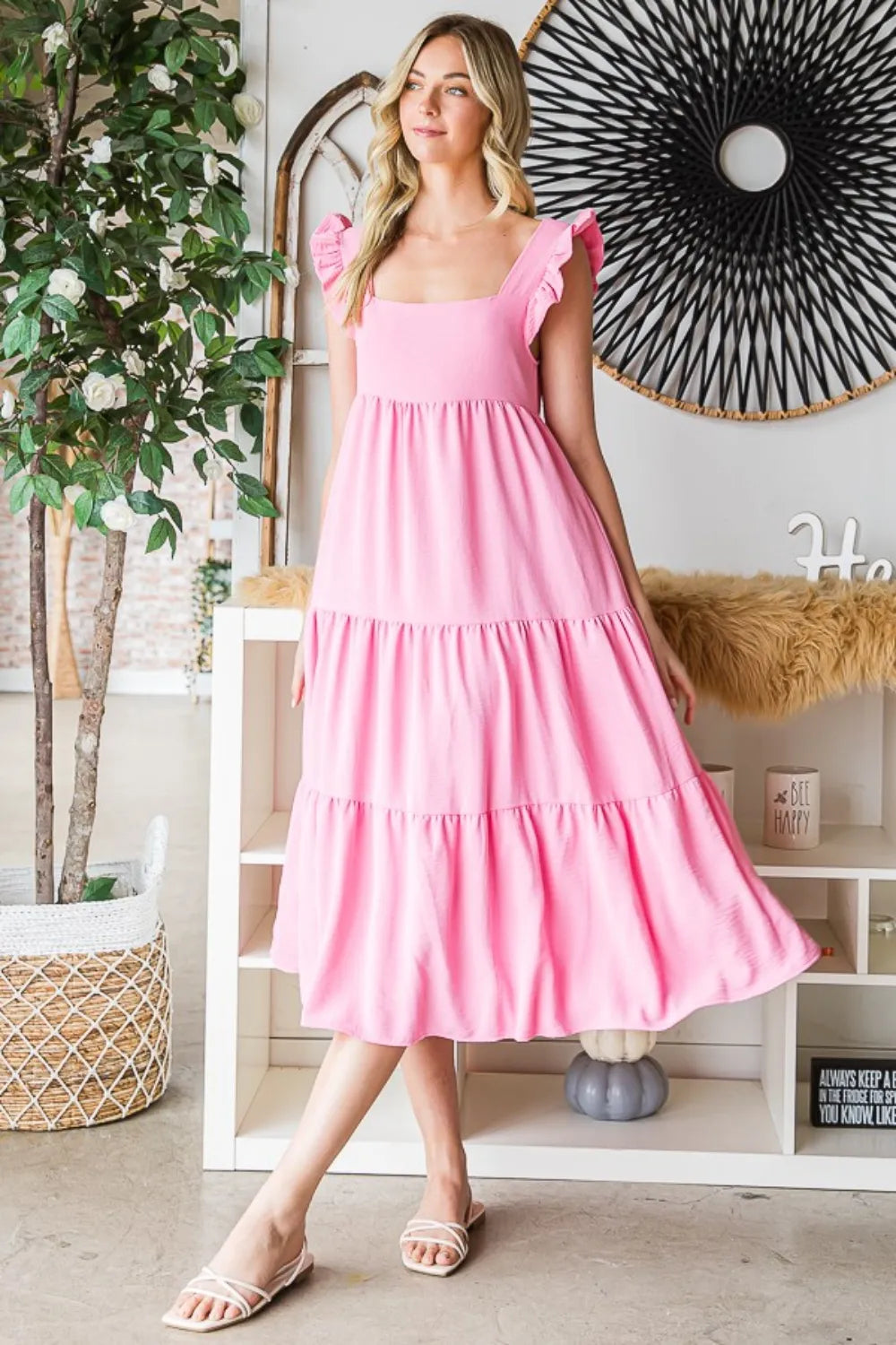 Bubble Pink Reborn J Ruffled Sleeveless Tiered Midi Dress