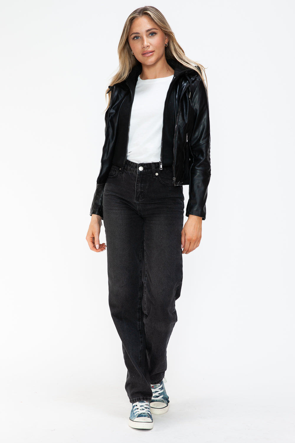 Snobbish Faux Leather Zip Up Drawstring Hooded Jacket 1