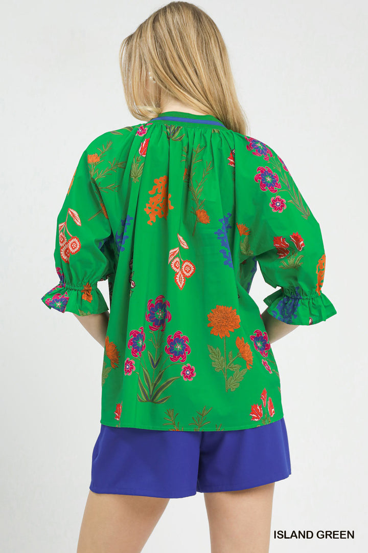 Island Green Umgee Floral Split Neck Puff Sleeve Top