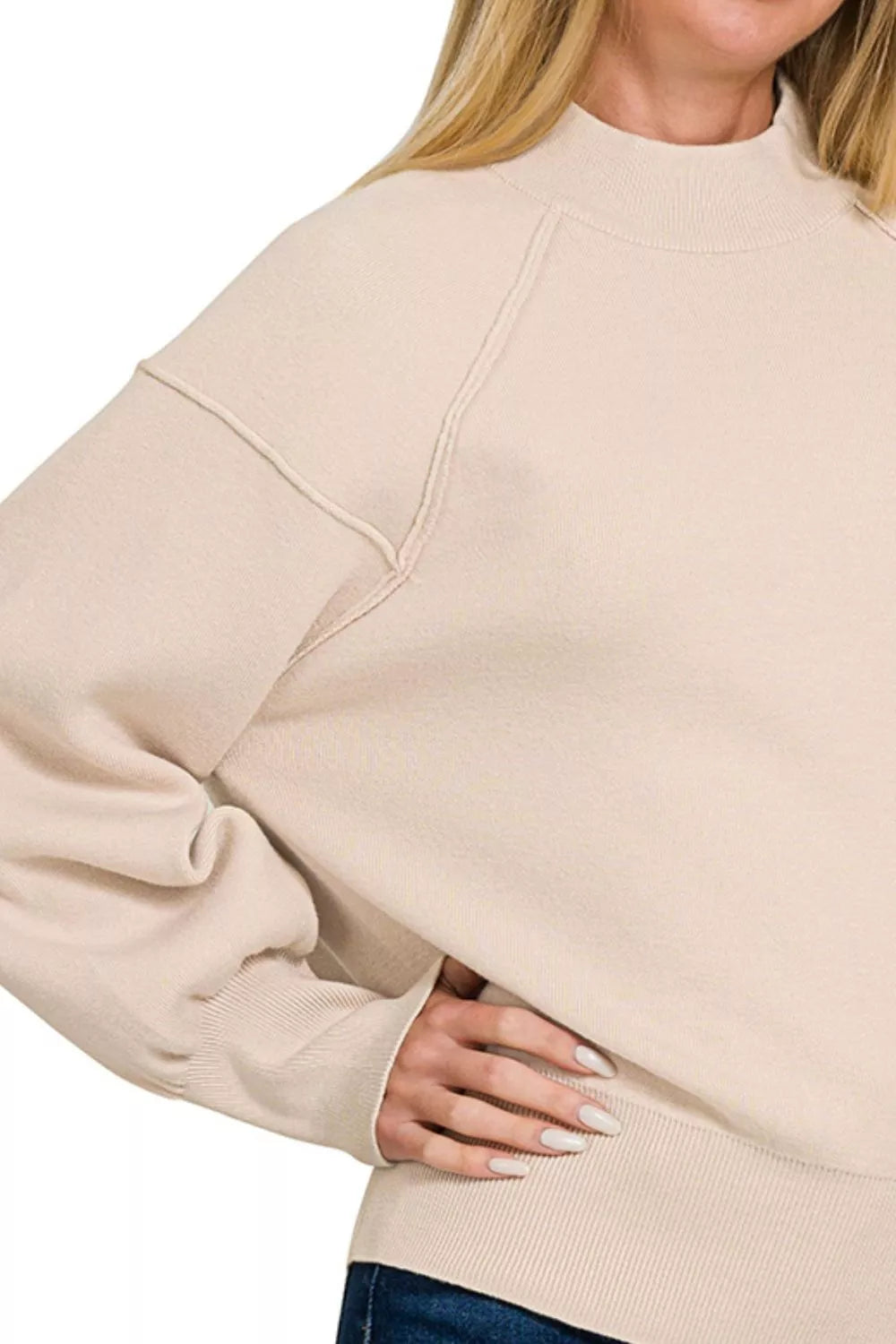 Sand Beige Zenana Viscose Mock Neck Exposed Seam Sweater 3