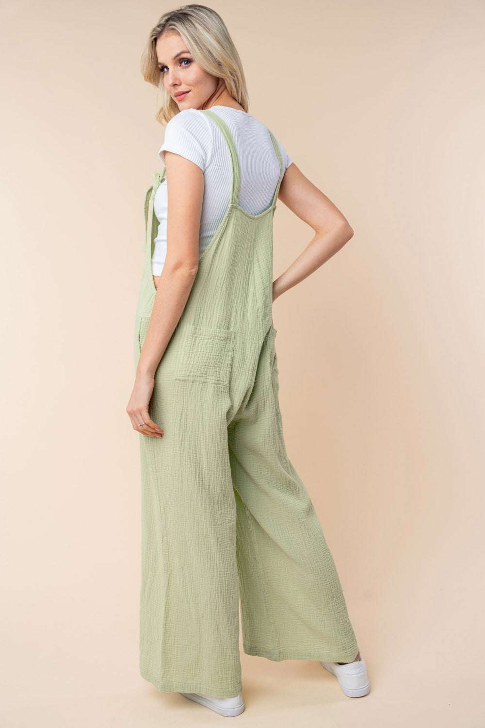 Sage White Birch Texture Sleeveless Wide Leg Jumpsuit