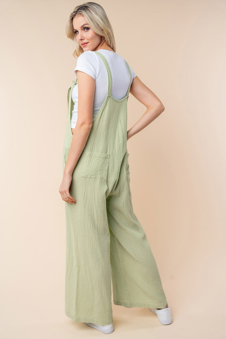 Sage White Birch Texture Sleeveless Wide Leg Jumpsuit