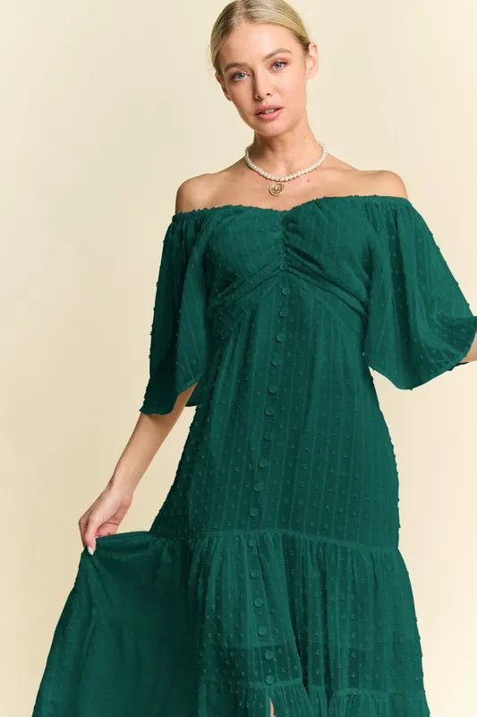 Davi Dani Swiss Dotted Ruched Ruffle Open Back Midi Dress 1