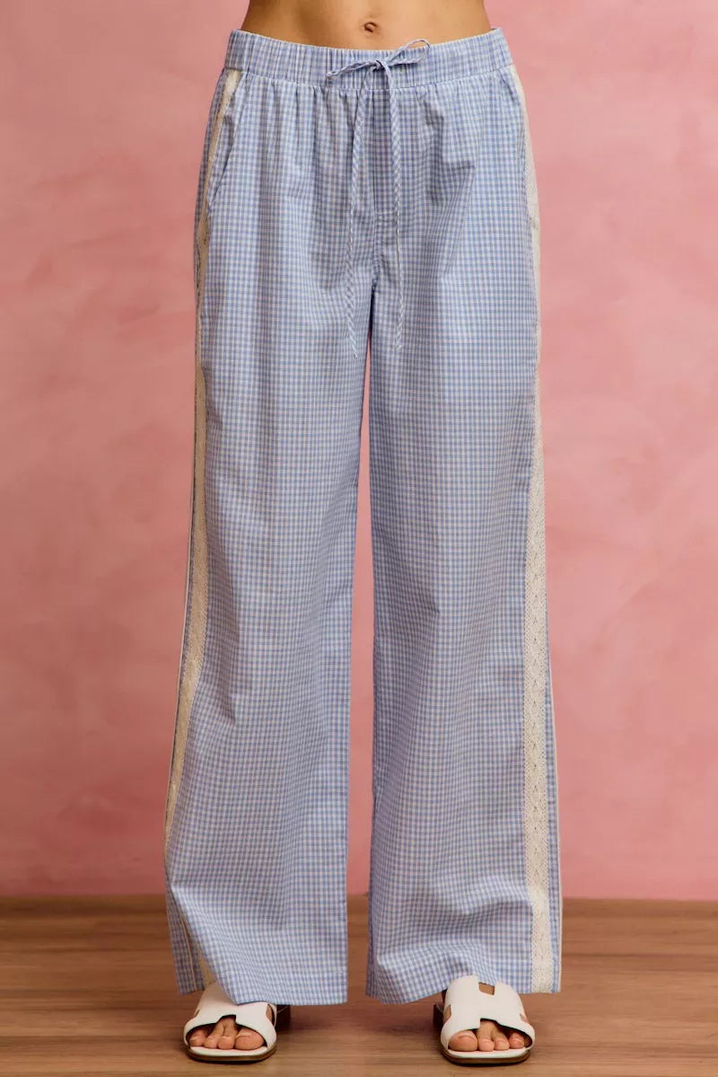 Blue So Me Wide Check Pants With Side Lace Trim And Piping