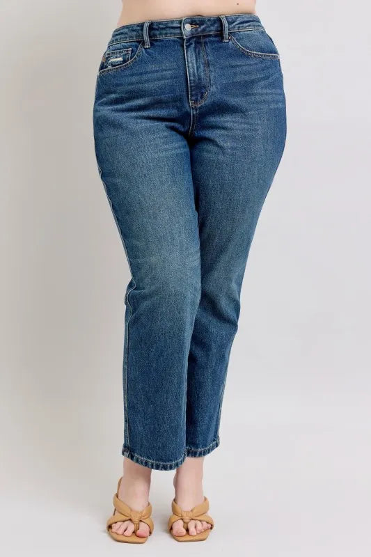 Dark Judy Blue Full Size High Waisted Rigid Magic Non Destroy Straight Leg Jeans Plus Size