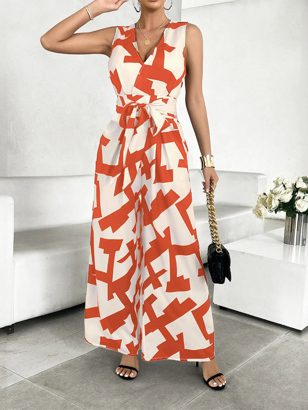 Orange Printed Wide Leg Jumpsuit