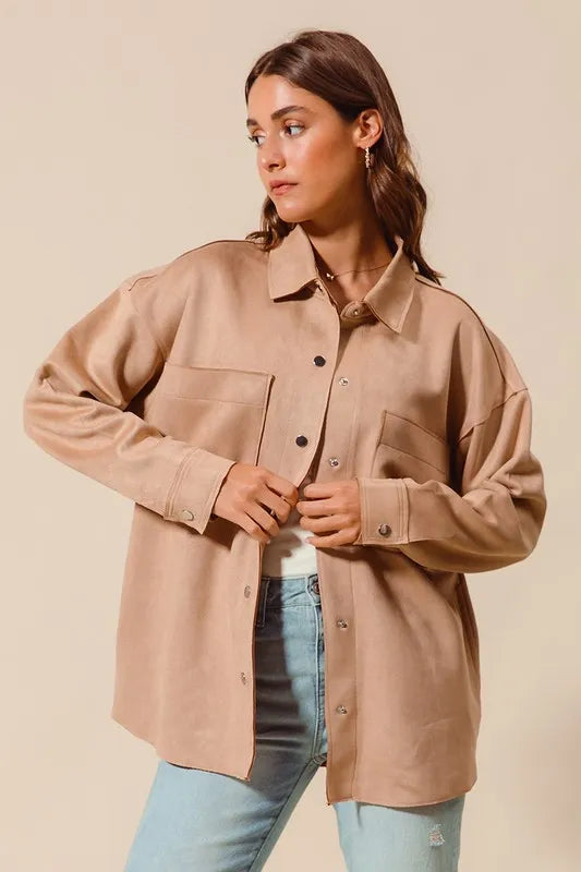 Camel So Me Faux Sued Snap Shacket With Collar And Pockets