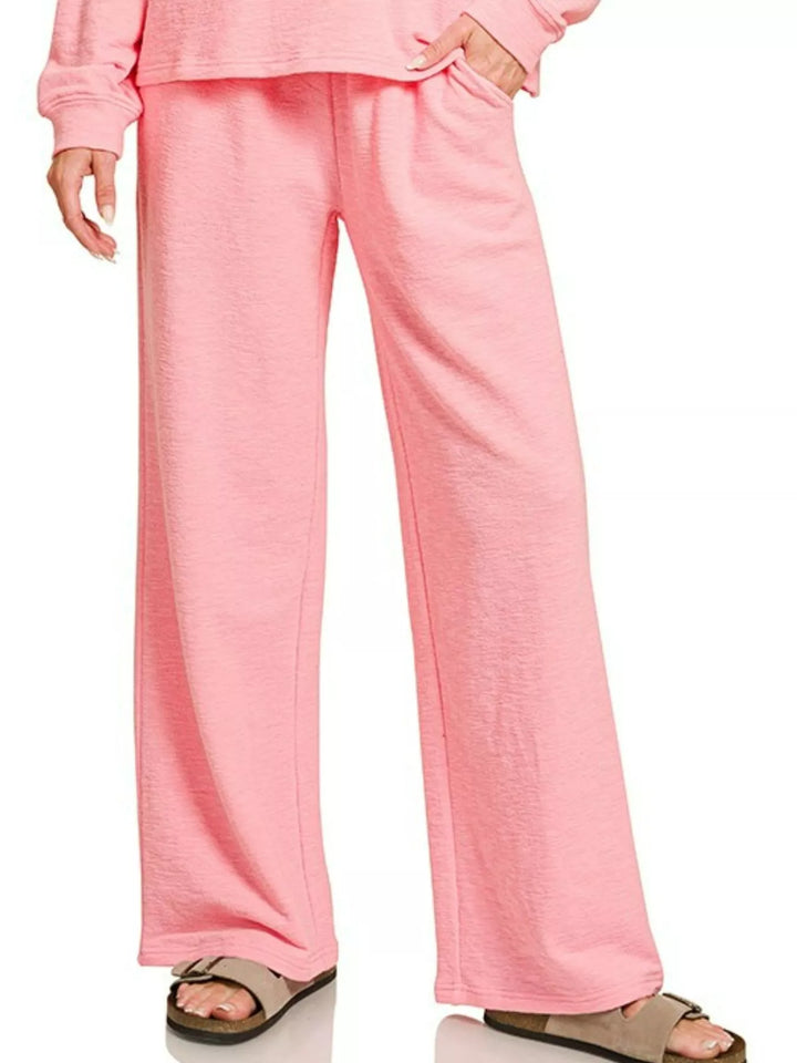 Dk Pink Zenana Slub Long Sleeve Top And Pants Lounge Set