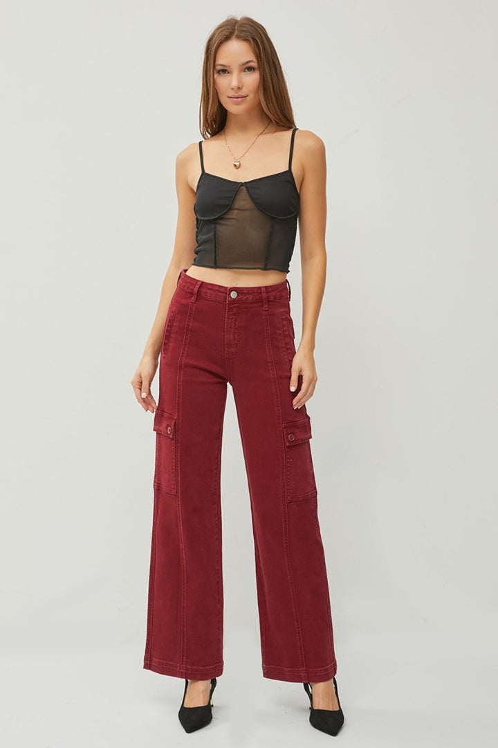 Wine Risen Full Size High Rise Wide Leg Cargo Jeans 1