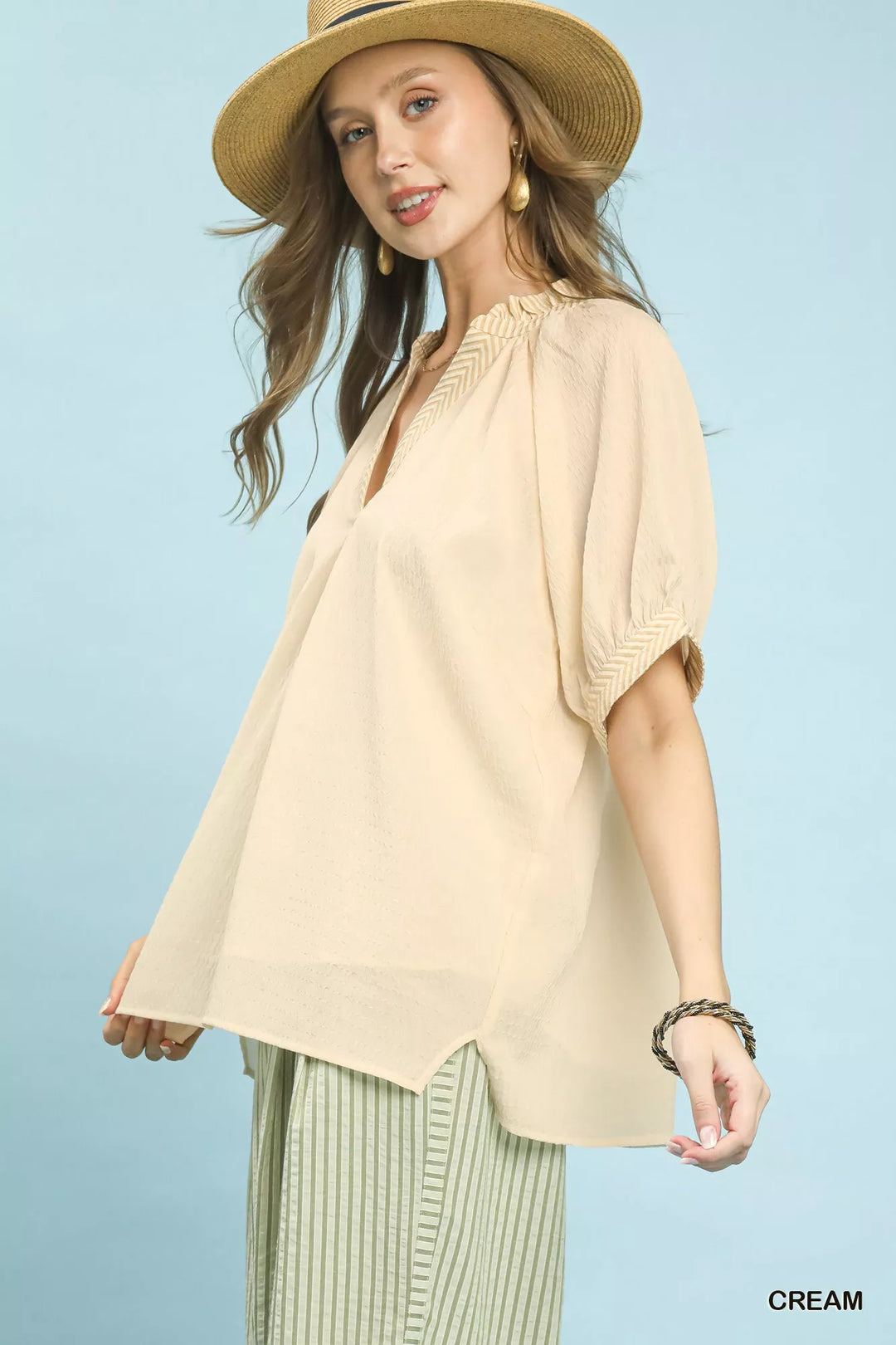Cream Umgee V Neck Short Sleeve Blouse
