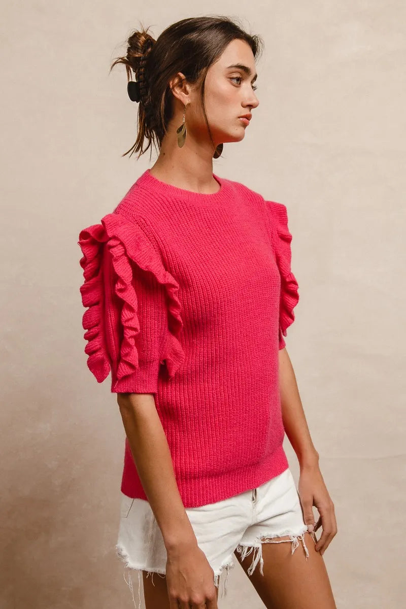 Fuchsia Bibi Ruffle Sleeve Ribbed Sweater
