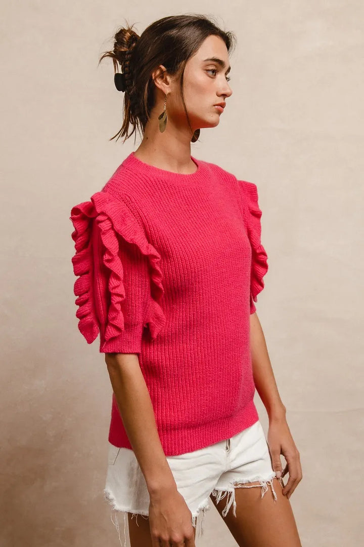 Fuchsia Bibi Ruffle Sleeve Ribbed Sweater