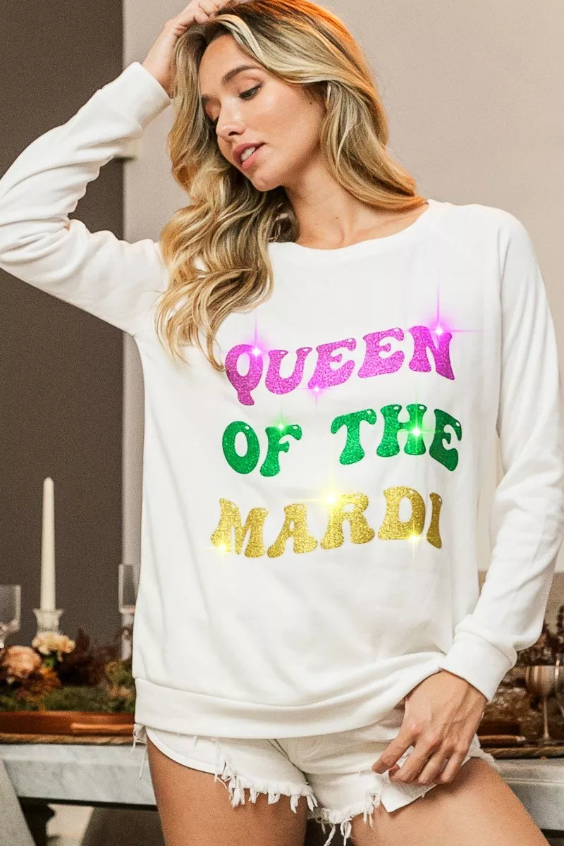 Bibi Queen Of Mardi Glitter Print Mardi Gras Sweatshirt