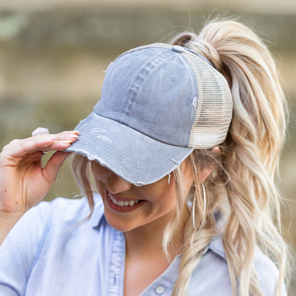 Coral Distressed Messy Bun Hat Cap 1