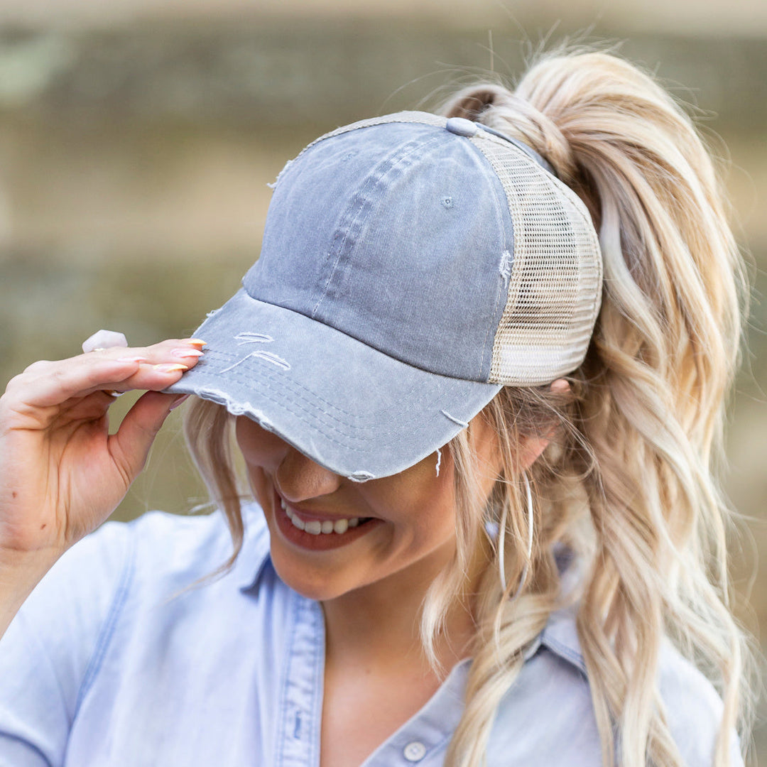 Coral Distressed Messy Bun Hat Cap 1
