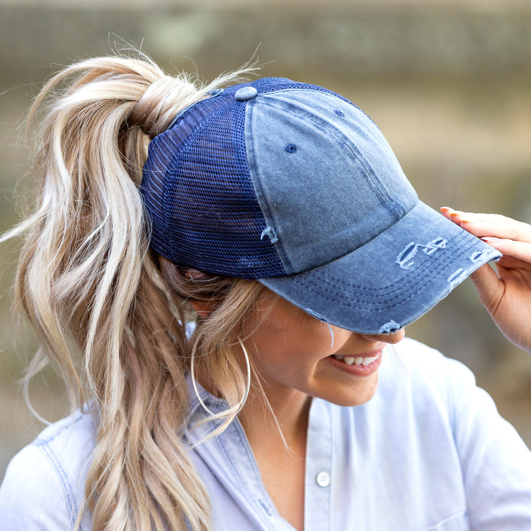 Olive Distressed Messy Bun Hat Cap 1